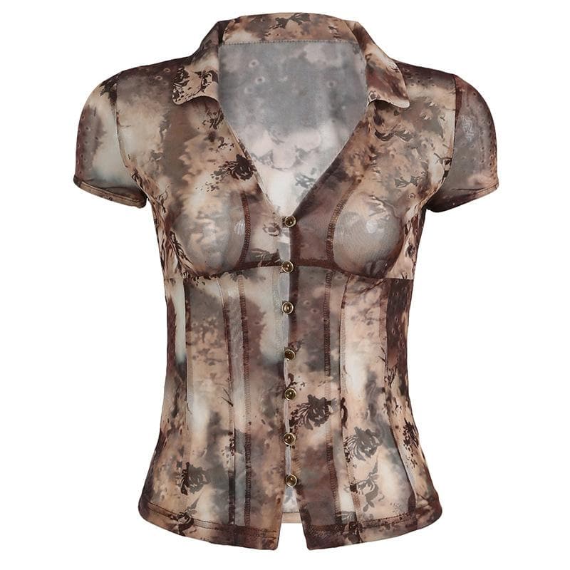 Short sleeve tie dye button sheer mesh top