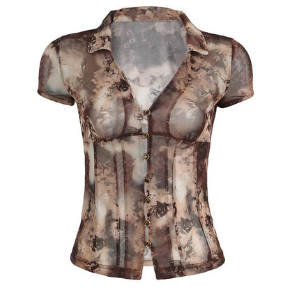 Short sleeve tie dye button sheer mesh top