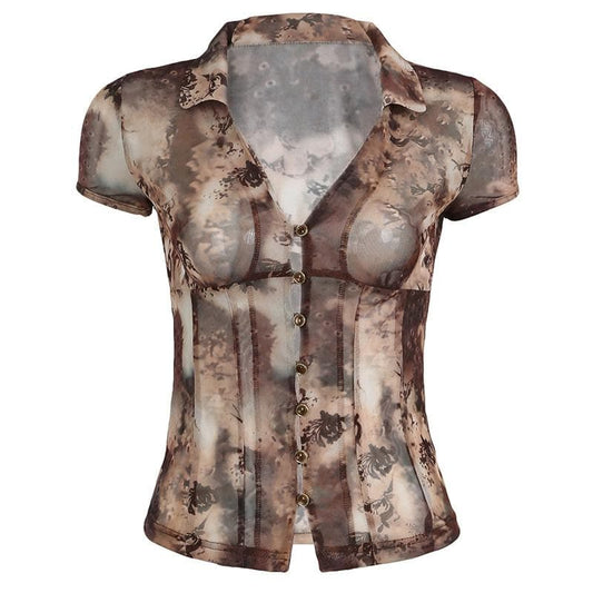Short sleeve tie dye button sheer mesh top