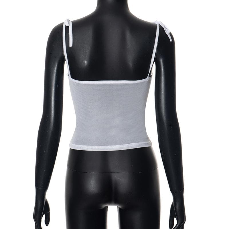 Sheer mesh see through bowknot self tie cami top