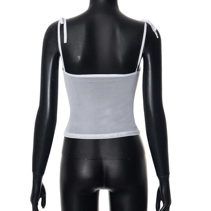 Sheer mesh see through bowknot self tie cami top
