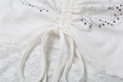 Hoodie off shoulder long sleeve lace beaded drawstring top