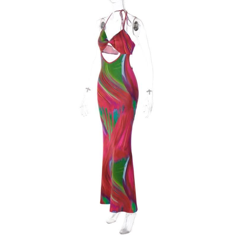 Contrast print halter hollow out knotted backless cut out maxi dress-final-sale