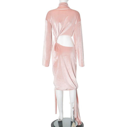 High neck long sleeve velvet hollow out knotted cut out midi dress