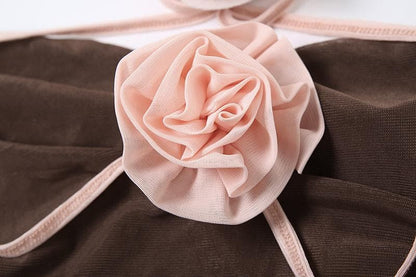 Halter self tie ruched flower applique backless mini dress