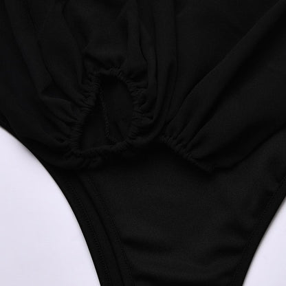 Solid v neck long sleeve mesh backless bodysuit