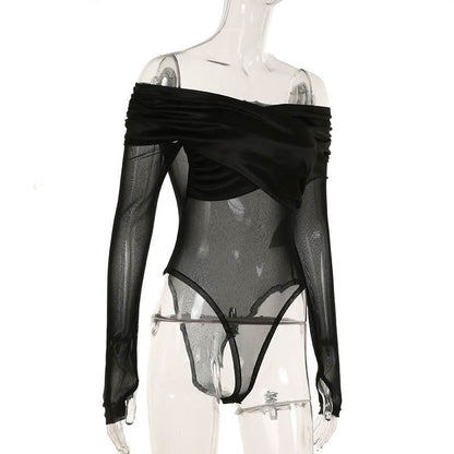 Off shoulder long sleeve mesh bodysuit
