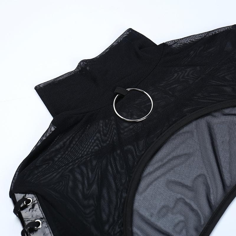 Flared sleeve o ring sheer mesh lace up shrug high neck top