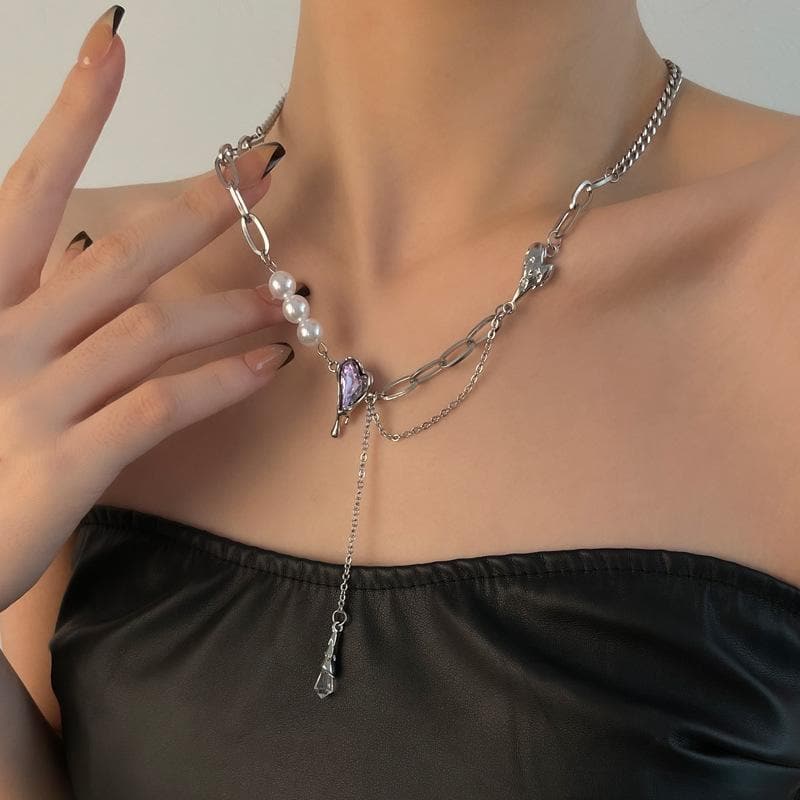Layered faux pearl irregular stone necklace
