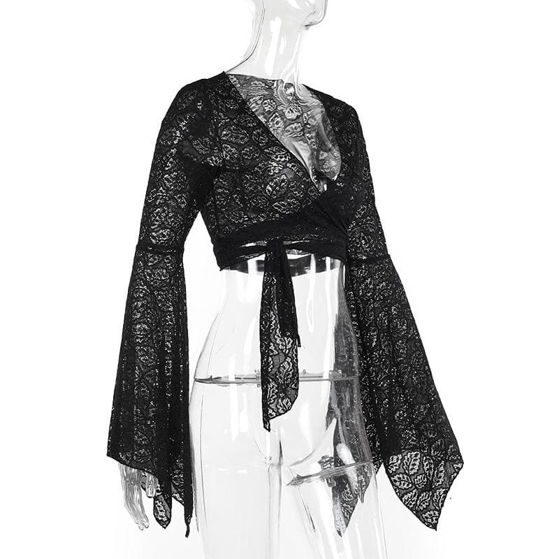 Flared sleeve v neck lace knotted top