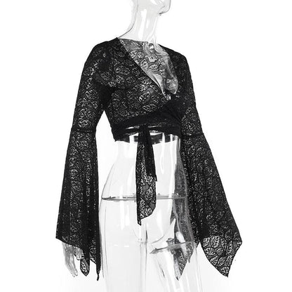 Flared sleeve v neck lace knotted top