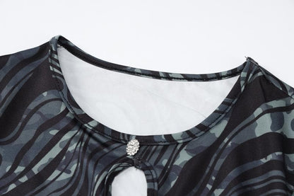 Ripple contrast long sleeve hollow out crewneck cut out mini dress