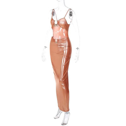 Hollow out metallic ruched backless metal applique cami cut out maxi dress-final-sale