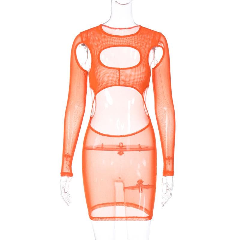 Hollow Out Sheer Mesh High Neck Long Sleeve Cutout Mini Dress