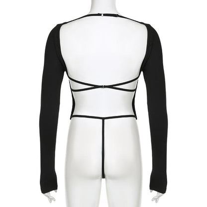 Square neck solid long sleeve backless cross back bodysuit