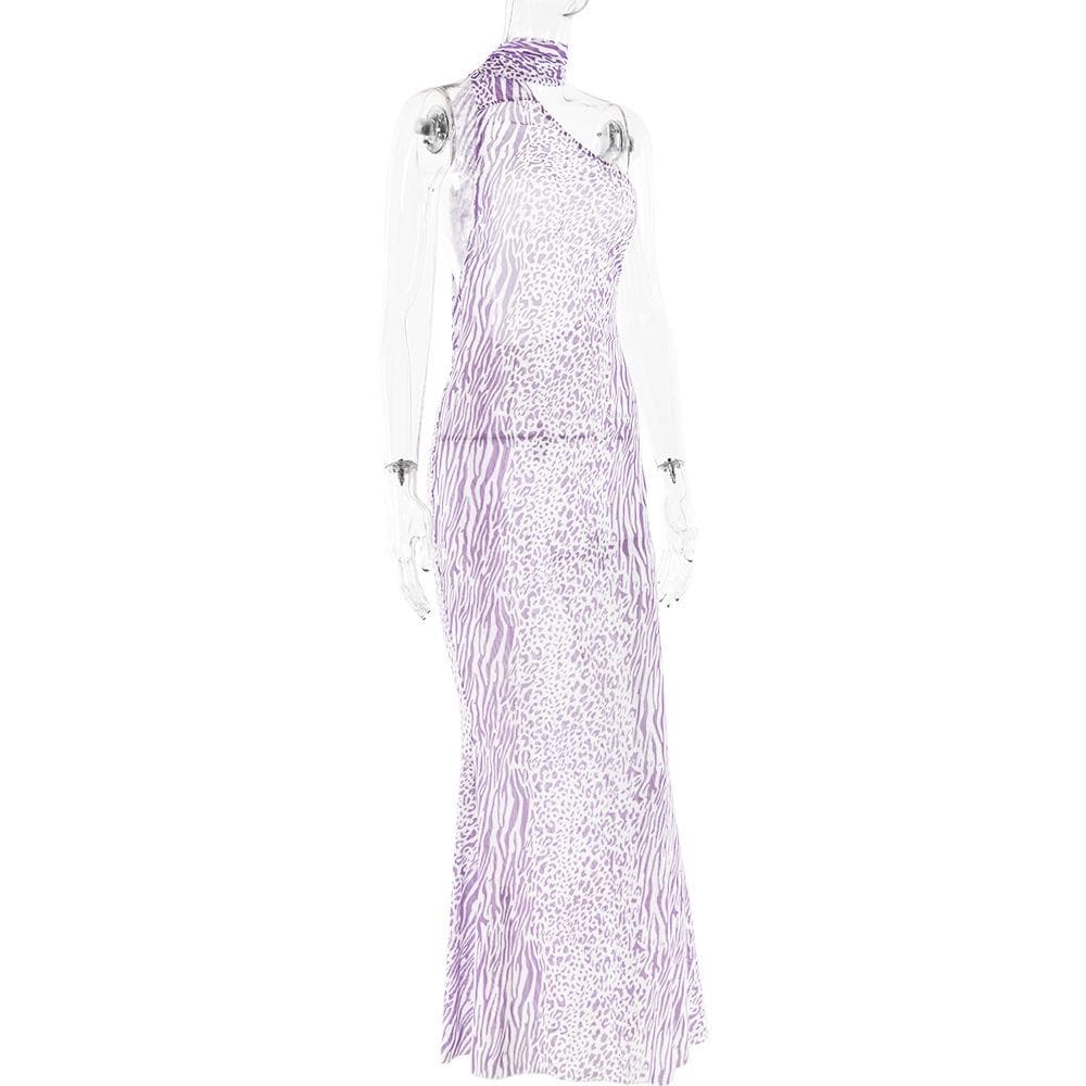 Halter one shoulder leopard print sheer mesh maxi dress