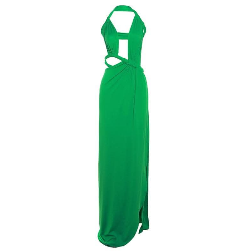 Halter irregular solid backless knotted ruched maxi dress-final-sale