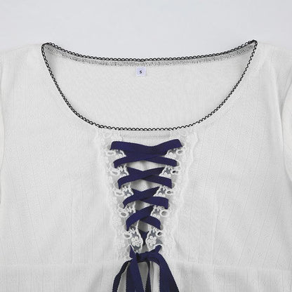 Short sleeve lace up textured lace hem top