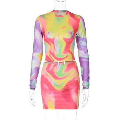 Contrast print long sleeve crewneck mini skirt set