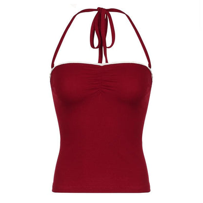 Halter ruched lace hem backless solid top