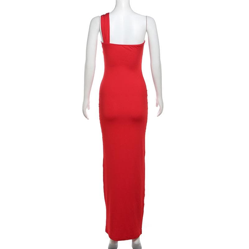 One shoulder ruched hollow out solid cami cut out maxi dress