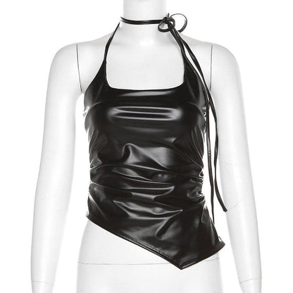 Self tie halter backless irregular PU leather square neck top