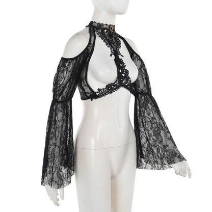 Long sleeve off shoulder lace hollow out shrug cut out top