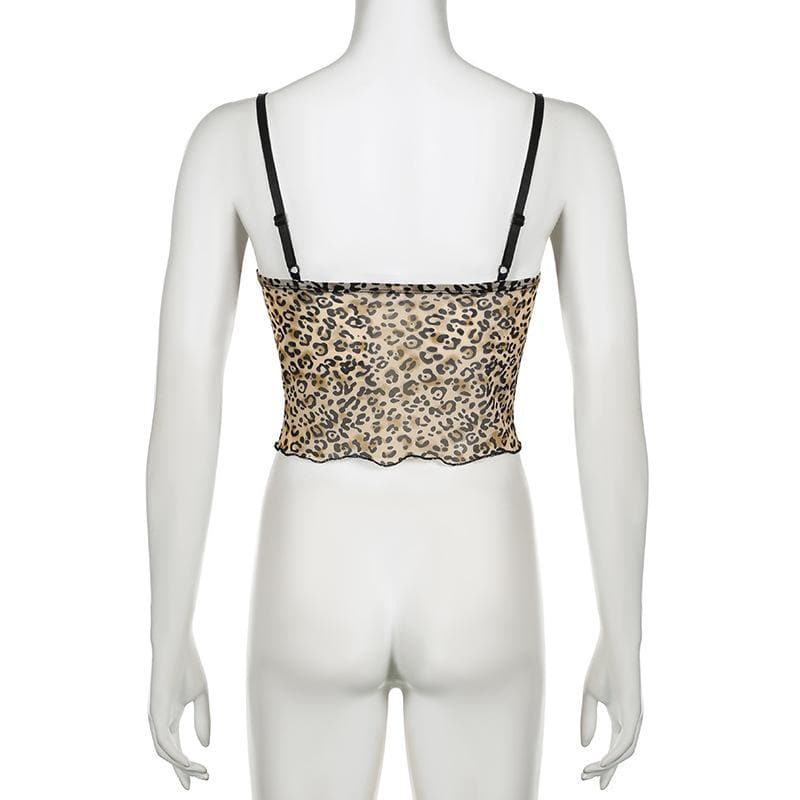 Bowknot leopard print mesh lace hem cami top