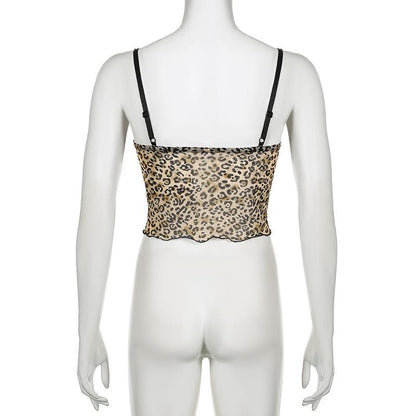 Bowknot leopard print mesh lace hem cami top
