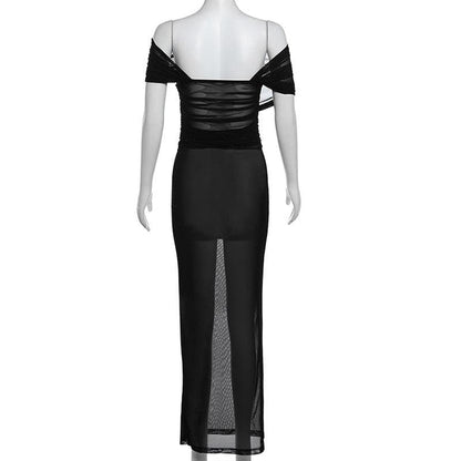 Off shoulder ruched cross front sheer mesh maxi dress-final-sale