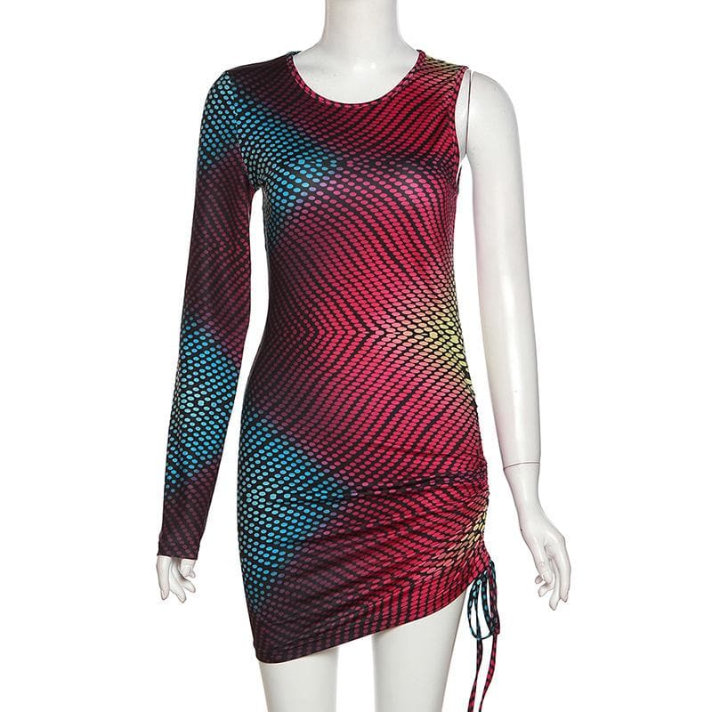 One Shoulder Drawstring Ruched Geometric Print Mini Dress