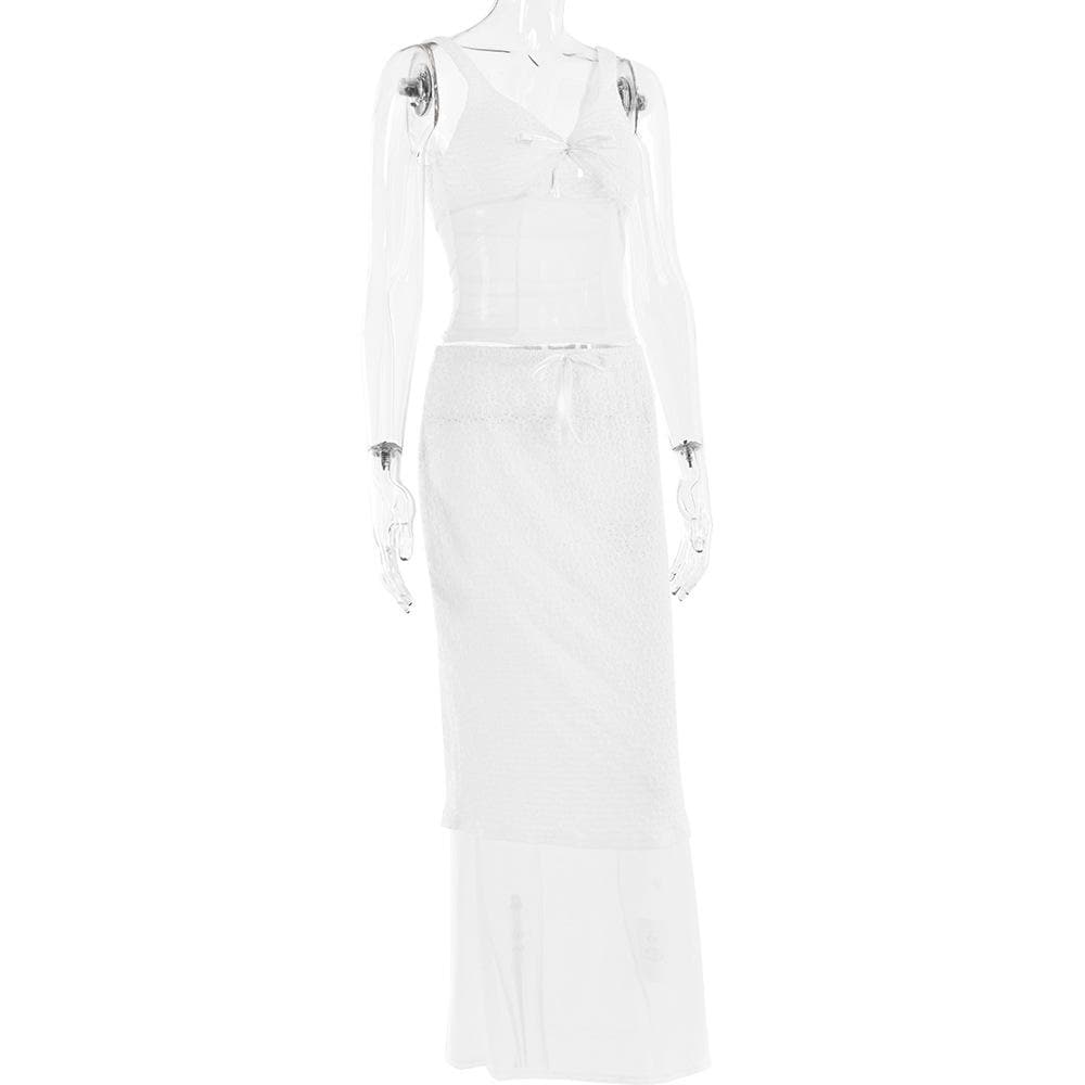 Lace v neck sleeveless hollow out solid patchwork maxi skirt set