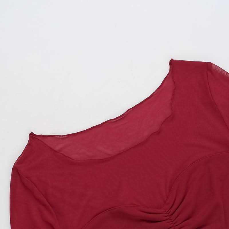 Long sleeve mesh ruched solid top