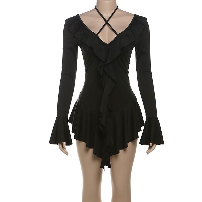 Long flared sleeve self tie v neck ruffle mini dress