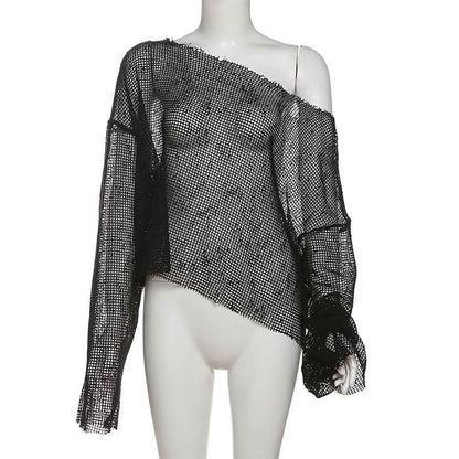 Long sleeve fishnet solid top