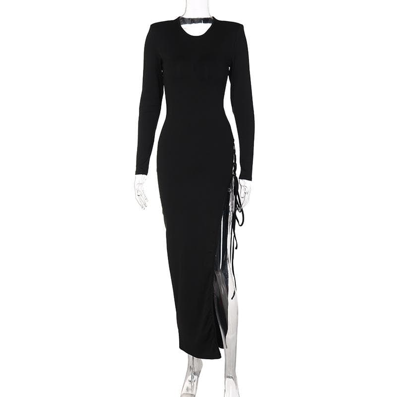 Lace up irregular long sleeve hollow out backless cut out maxi dress