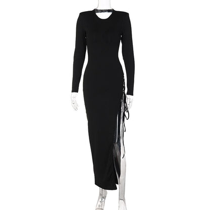 Lace up irregular long sleeve hollow out backless cut out maxi dress