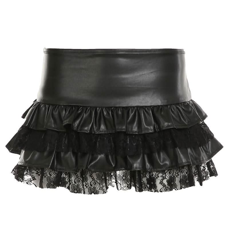 PU leather lace patchwork ruched mini skirt-final-sale