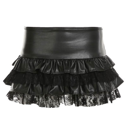 PU leather lace patchwork ruched mini skirt-final-sale