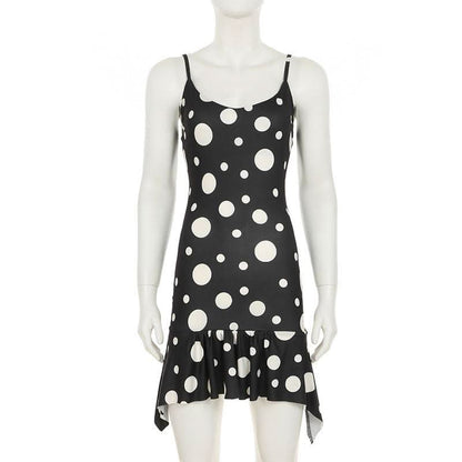 U neck polka dot ruffle cami mini dress