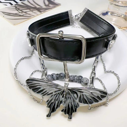 PU leather beaded adjustable layered choker necklace