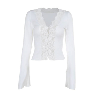 Long sleeve v neck lace hem button top