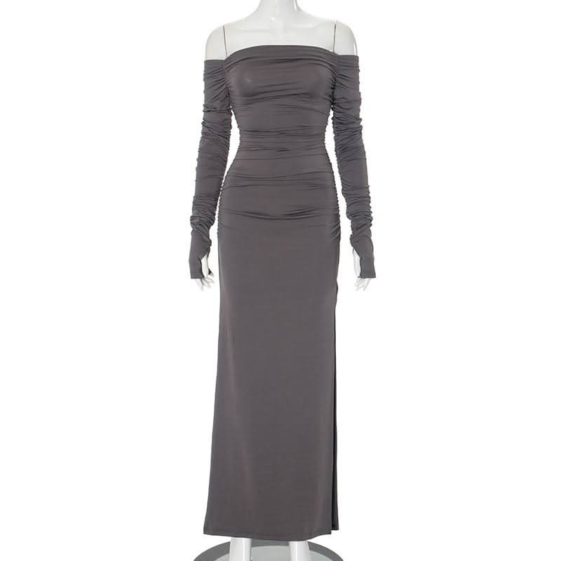 Off shoulder long sleeve slit ruched maxi dress