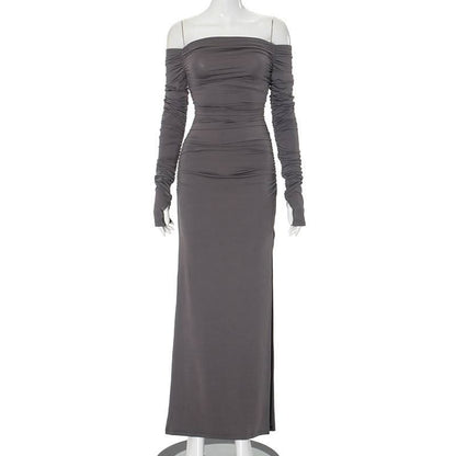 Off shoulder long sleeve slit ruched maxi dress