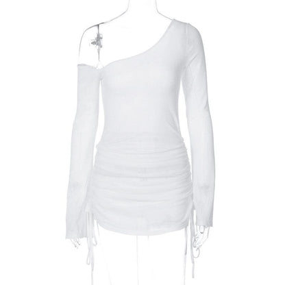 Long sleeve one shoulder drawstring ruched mini dress