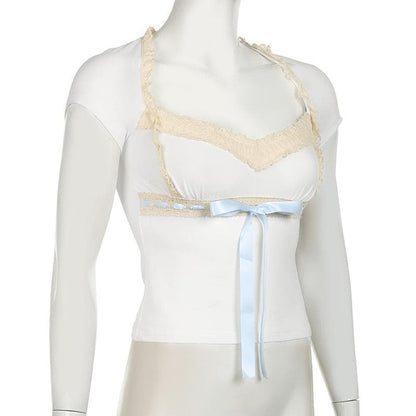 Short sleeve ribbon lace hem bowknot top
