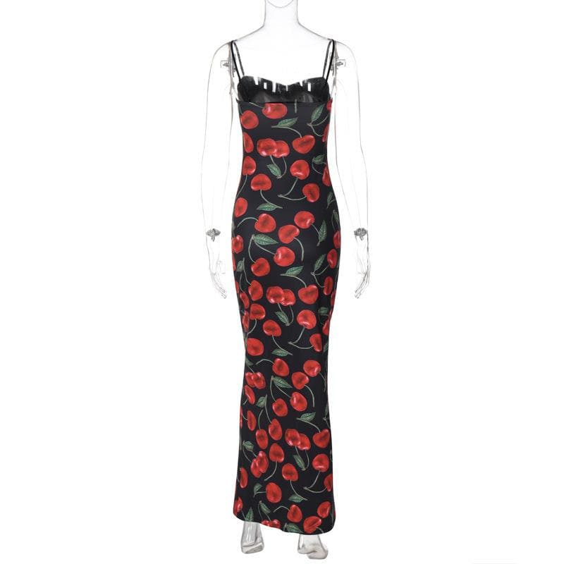 Fruit print lace hem knotted cami maxi dress