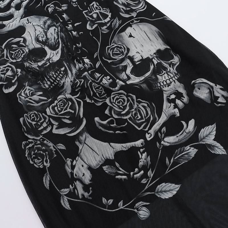 U neck skull print mesh backless cami maxi dress