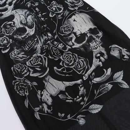 U neck skull print mesh backless cami maxi dress