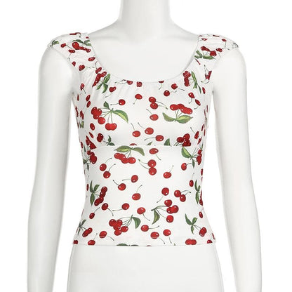 Cap sleeve u neck cherry print lace up top